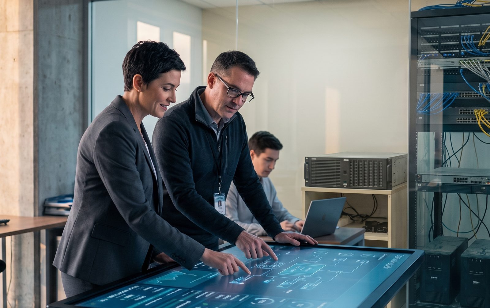 Equipo de SIVIRTUAL supervisando un panel de operación en tiempo real en un centro de datos.
