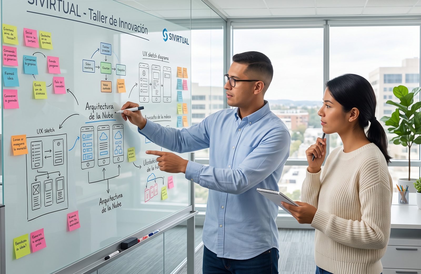 Taller de innovación de SIVIRTUAL: arquitectura de una solución en pizarra con el equipo.